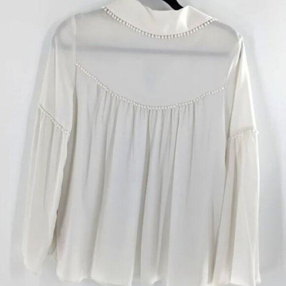 Nanette Lepore Blouse M  Ivory Pom Pom Trim Bell Long Sleeve Top - Picture 5 of 5